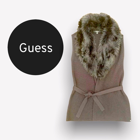 Guess Sweaters - GUESS Knit Black Belted Vest With Removable Faux Fur Collar Women's Size Small